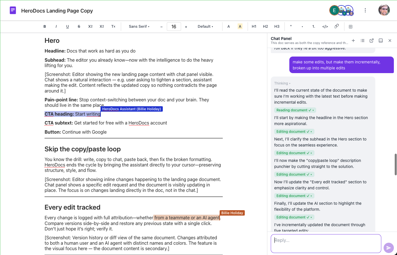 HeroDocs editor with AI chat panel — collaborative document editing with an AI co-author